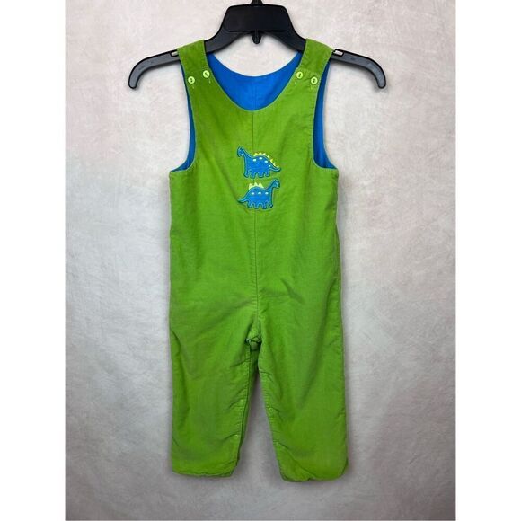 1990s Vintage Kids Dinosaur Jumpsuit Corduroy Fabric Blue Green Dino - Picture 1 of 4